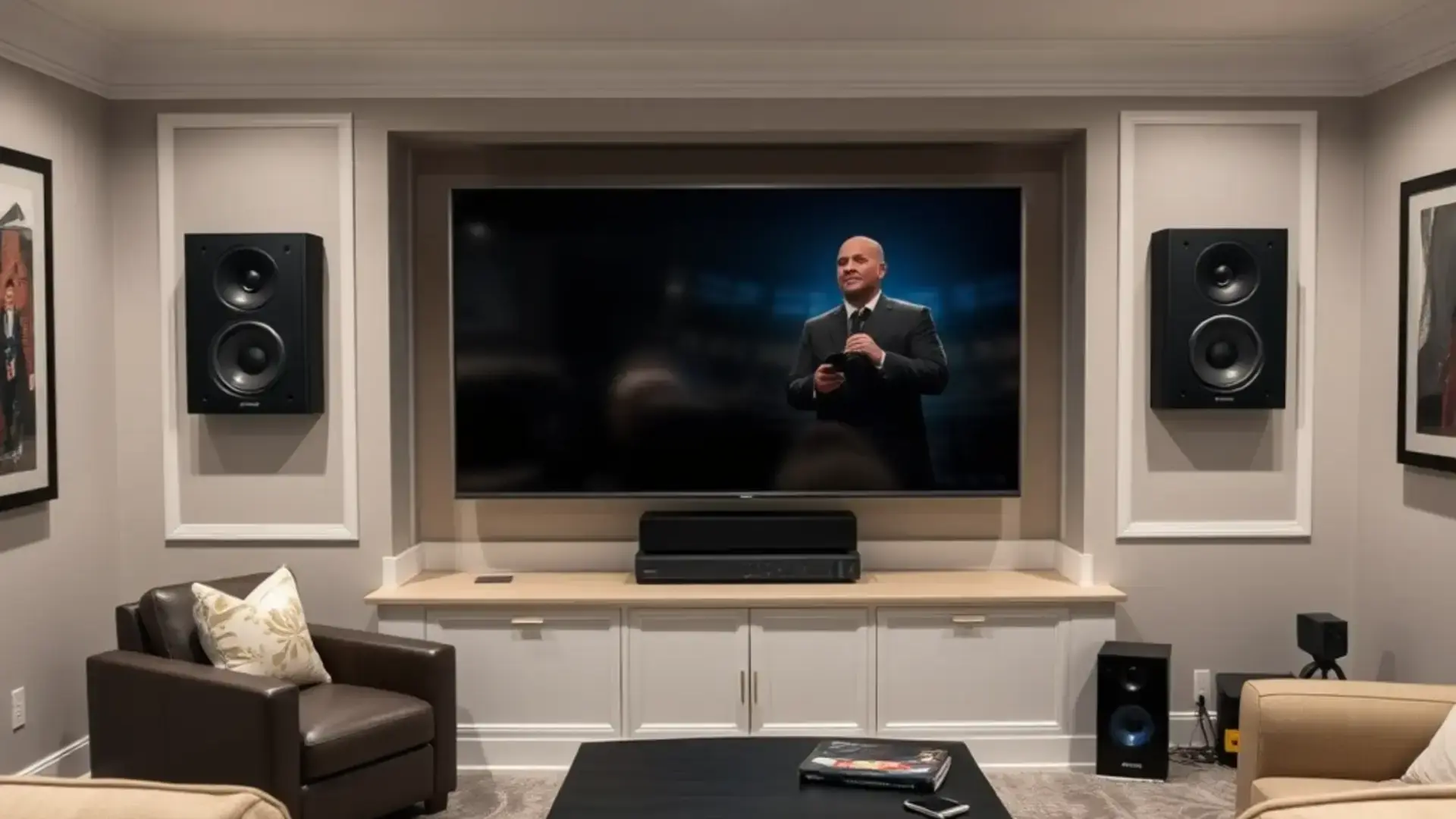 Custom home theater setup with 75-inch TV and surround sound in Greenville NC